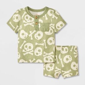 NWT CAT & JACK Green Skull and Crossbones Set- Size 0-3m
